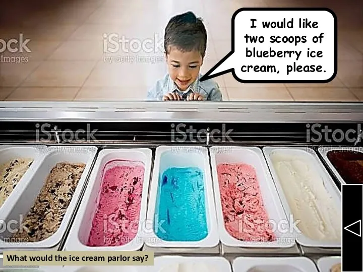 I would like two scoops of blueberry ice cream, please. What would
