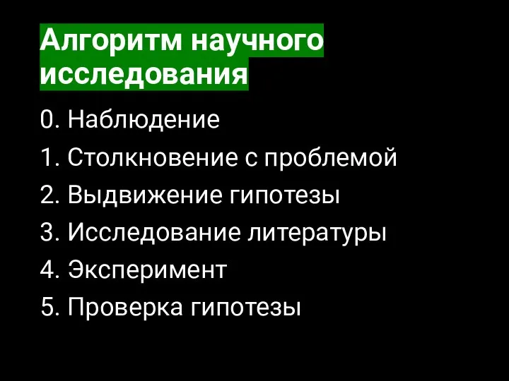 Алгоритм научного исследования 0. Наблюдение 1. Столкновение с проблемой 2. Выдвижение гипотезы