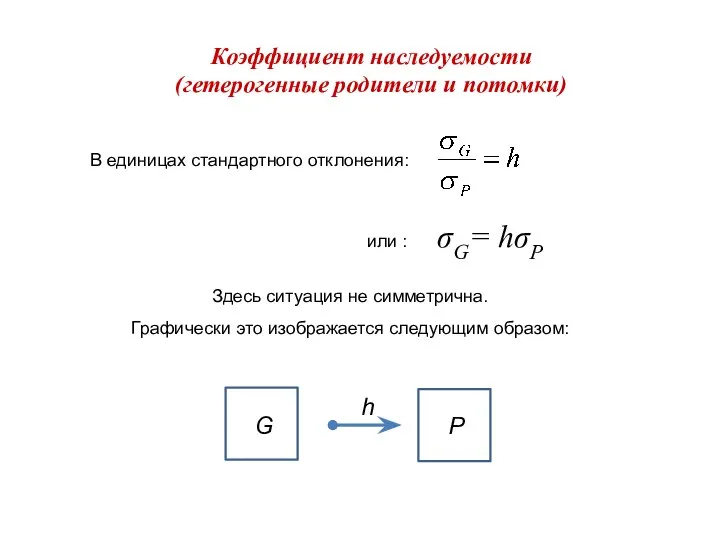 Коэффициент наследуемости (гетерогенные родители и потомки) G P h В единицах стандартного