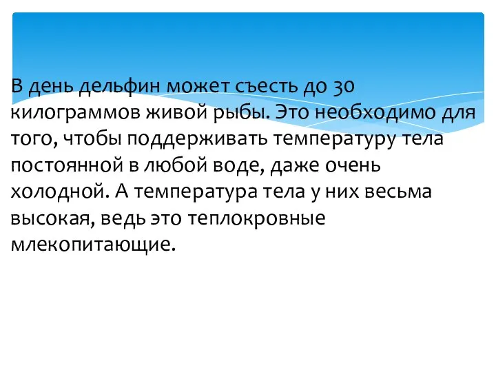 В день дельфин может съесть до 30 килограммов живой рыбы. Это необходимо