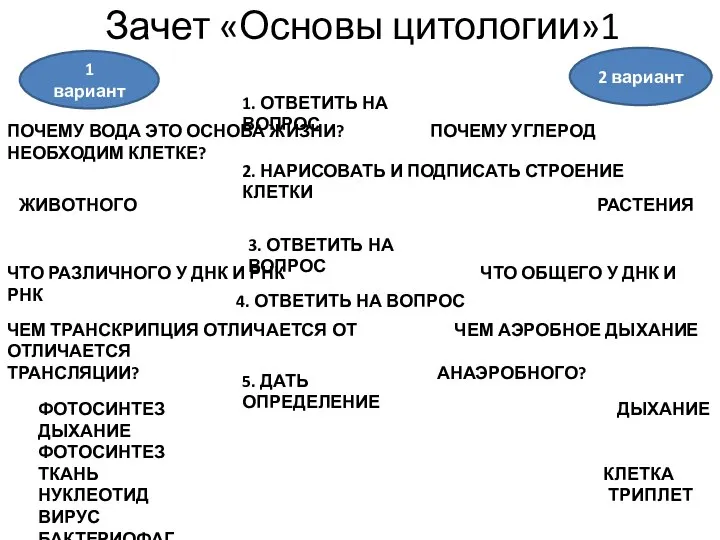 Зачет «Основы цитологии»1 1 вариант 2 вариант 1. ОТВЕТИТЬ НА ВОПРОС ПОЧЕМУ