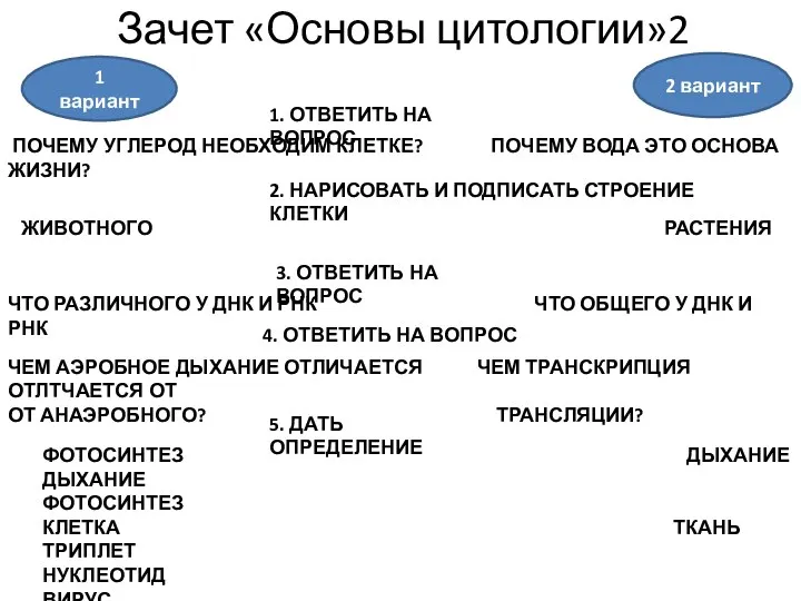 Зачет «Основы цитологии»2 1 вариант 2 вариант 1. ОТВЕТИТЬ НА ВОПРОС ПОЧЕМУ