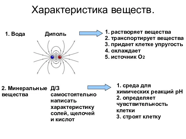 Характеристика веществ. 1. Вода Диполь 1. растворяет вещества 2. транспортирует вещества 3.