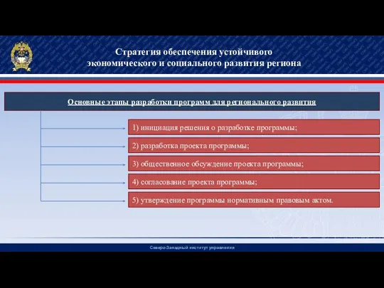 Северо-Западный институт управления Стратегия обеспечения устойчивого экономического и социального развития региона Основные