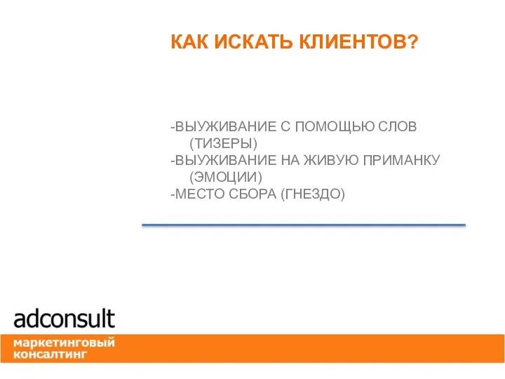 КАК ИСКАТЬ КЛИЕНТОВ? -ВЫУЖИВАНИЕ С ПОМОЩЬЮ СЛОВ (ТИЗЕРЫ) -ВЫУЖИВАНИЕ НА ЖИВУЮ ПРИМАНКУ (ЭМОЦИИ) -МЕСТО СБОРА (ГНЕЗДО)