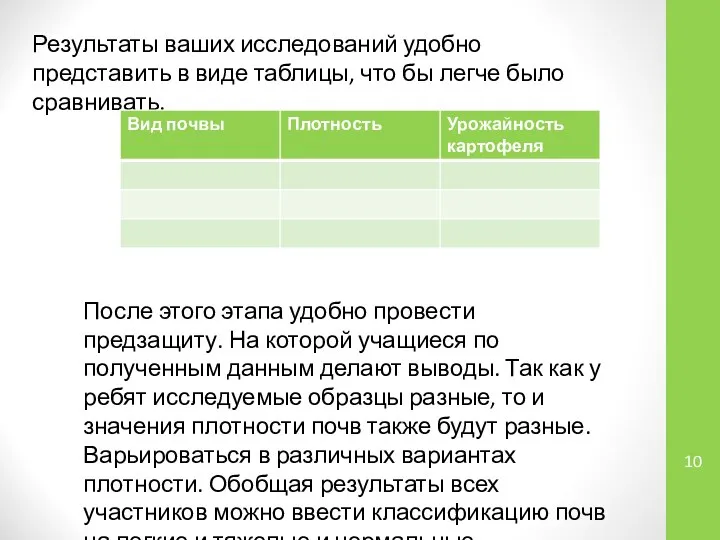 Результаты ваших исследований удобно представить в виде таблицы, что бы легче было