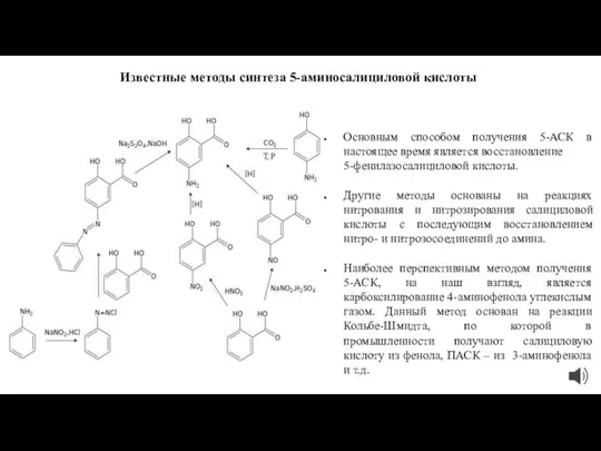 Известные методы синтеза 5-аминосалициловой кислоты Основным способом получения 5-АСК в настоящее время