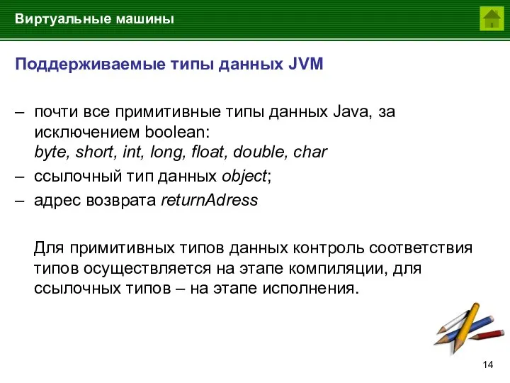 Виртуальные машины Поддерживаемые типы данных JVM – почти все примитивные типы данных