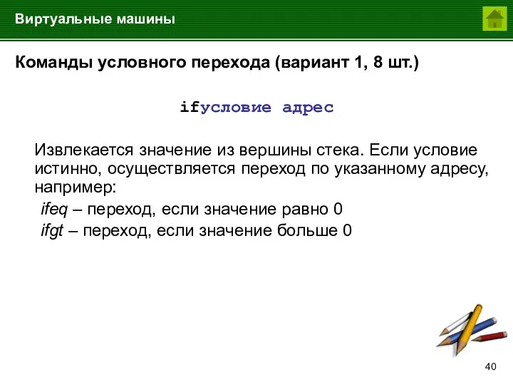 Виртуальные машины Команды условного перехода (вариант 1, 8 шт.) ifусловие адрес Извлекается