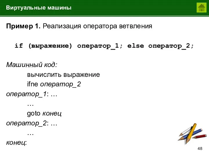 Виртуальные машины Пример 1. Реализация оператора ветвления if (выражение) оператор_1; else оператор_2;