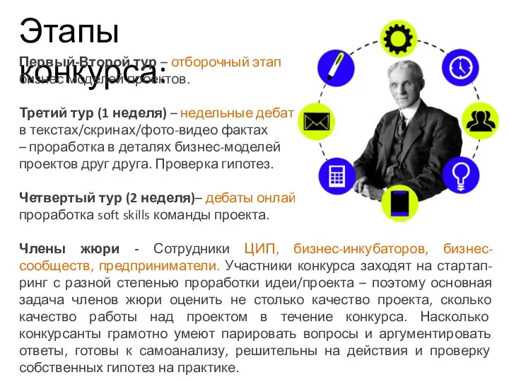 Этапы конкурса: Первый-Второй тур – отборочный этап бизнес моделей проектов. Третий тур