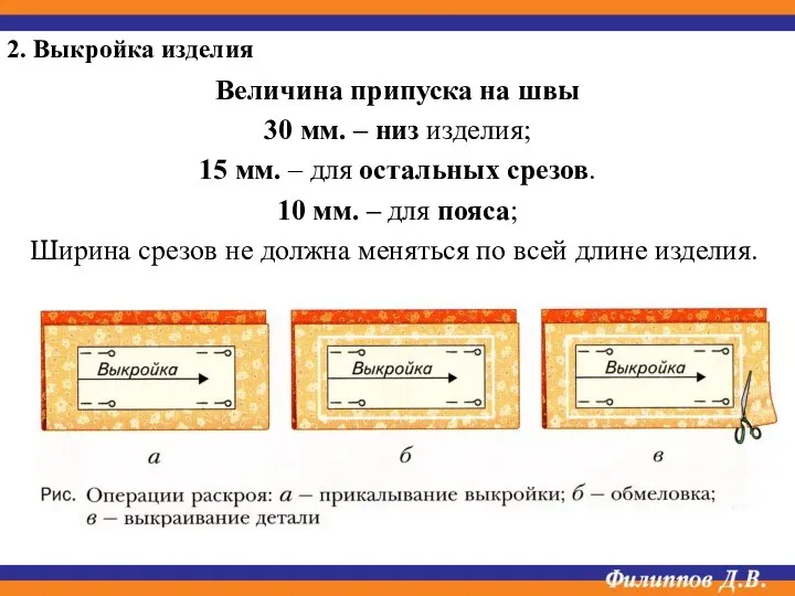 Величина припуска на швы 30 мм. – низ изделия; 15 мм. –