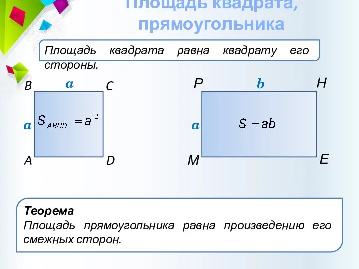 Площадь квадрата равна квадрату его стороны. Площадь квадрата, прямоугольника C B D