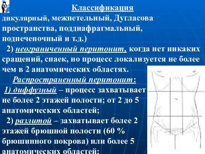 Классификация дикулярный, межпетельный, Дугласова пространства, поддиафрагмальный, подпеченочный и т.д.) 2) неограниченный перитонит,