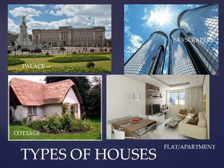 TYPES OF HOUSES PALACE SKYSCRAPERS COTTAGE FLAT/APARTMENT