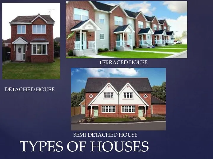 TYPES OF HOUSES DETACHED HOUSE SEMI DETACHED HOUSE TERRACED HOUSE