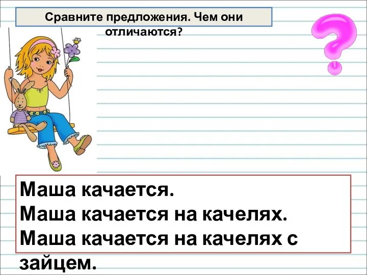 Сравните предложения. Чем они отличаются? Маша качается. Маша качается на качелях. Маша