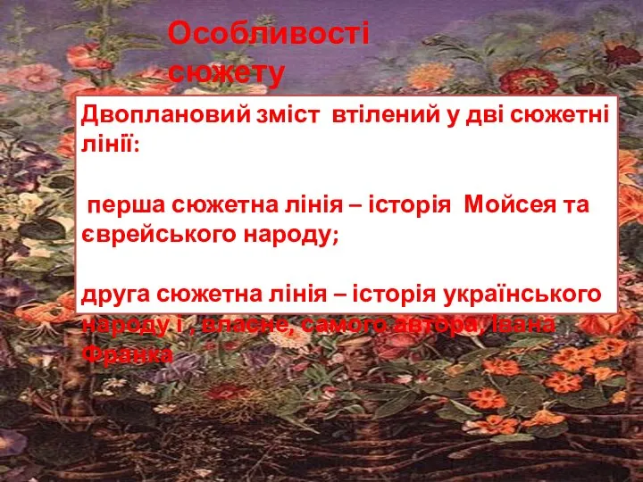 Особливості сюжету Двоплановий зміст втілений у дві сюжетні лінії: перша сюжетна лінія