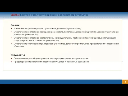 ЦЕЛЬ 2 Безопасность участия граждан в долевом строительстве Задачи Минимизация рисков граждан