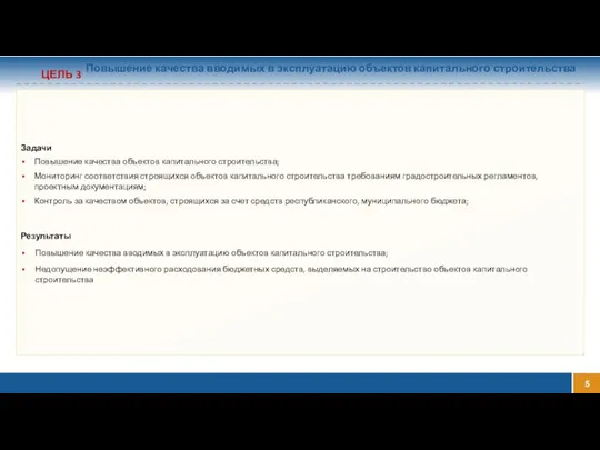 ЦЕЛЬ 3 Повышение качества вводимых в эксплуатацию объектов капитального строительства Задачи Повышение