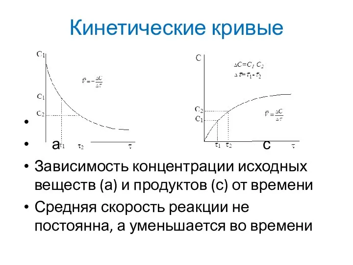 Кинетические кривые а с Зависимость концентрации исходных веществ (а) и продуктов (с)