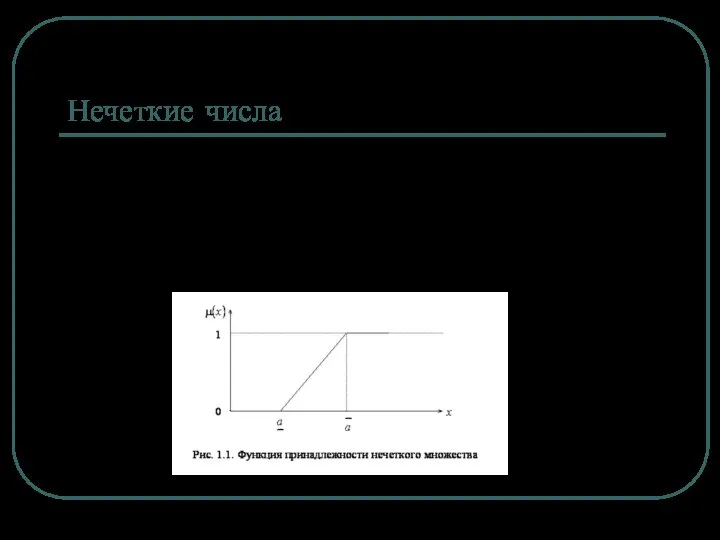 Нечеткие числа Функция принадлежности – субъективная мера принадлежности элемента x нечеткому множеству A.