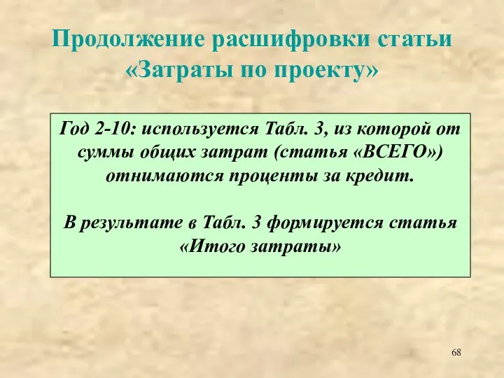 Продолжение расшифровки статьи «Затраты по проекту» Год 2-10: используется Табл. 3, из