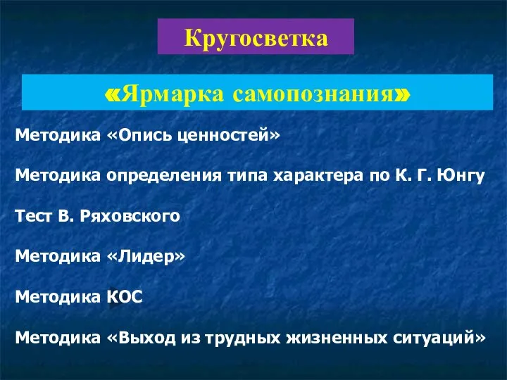 «Ярмарка самопознания» Кругосветка Методика «Опись ценностей» Методика определения типа характера по К.