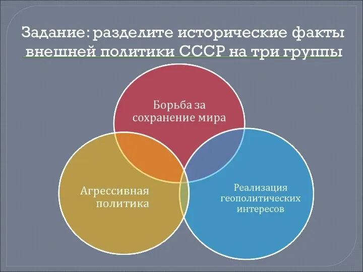 Задание: разделите исторические факты внешней политики СССР на три группы