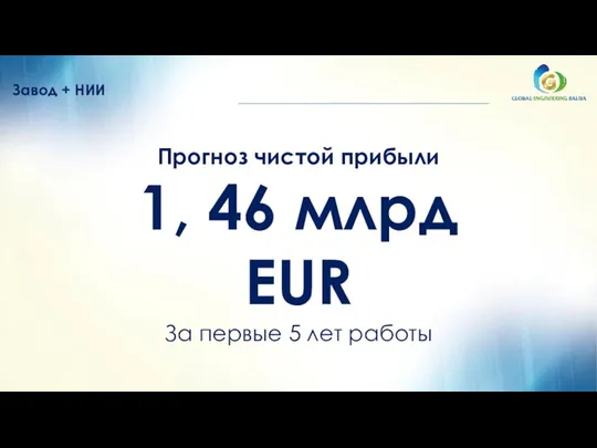 Завод + НИИ Прогноз чистой прибыли 1, 46 млрд EUR За первые 5 лет работы