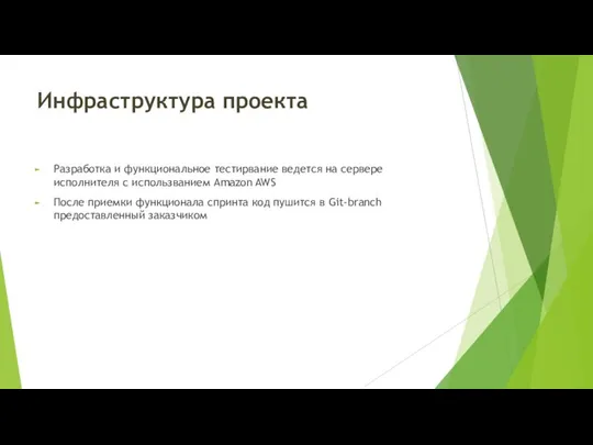 Инфраструктура проекта Разработка и функциональное тестирвание ведется на сервере исполнителя c использванием