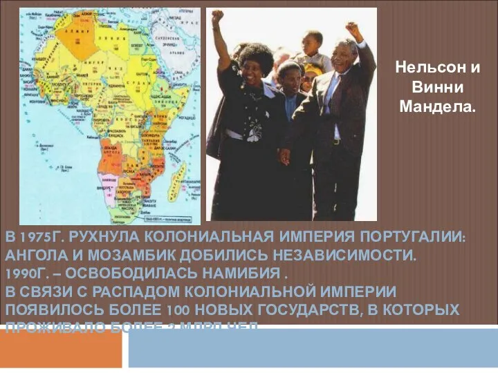 В 1975Г. РУХНУЛА КОЛОНИАЛЬНАЯ ИМПЕРИЯ ПОРТУГАЛИИ: АНГОЛА И МОЗАМБИК ДОБИЛИСЬ НЕЗАВИСИМОСТИ. 1990Г.