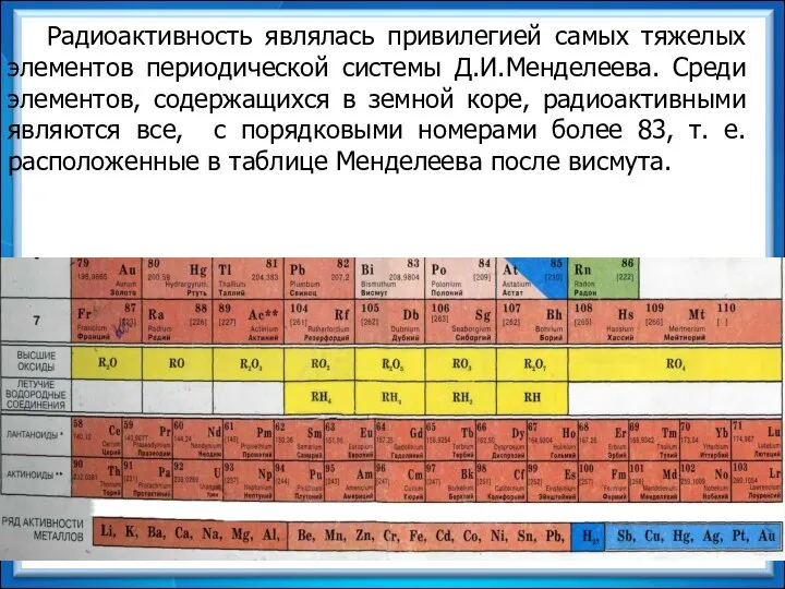 Радиоактивность являлась привилегией самых тяжелых элементов периодической системы Д.И.Менделеева. Среди элементов, содержащихся