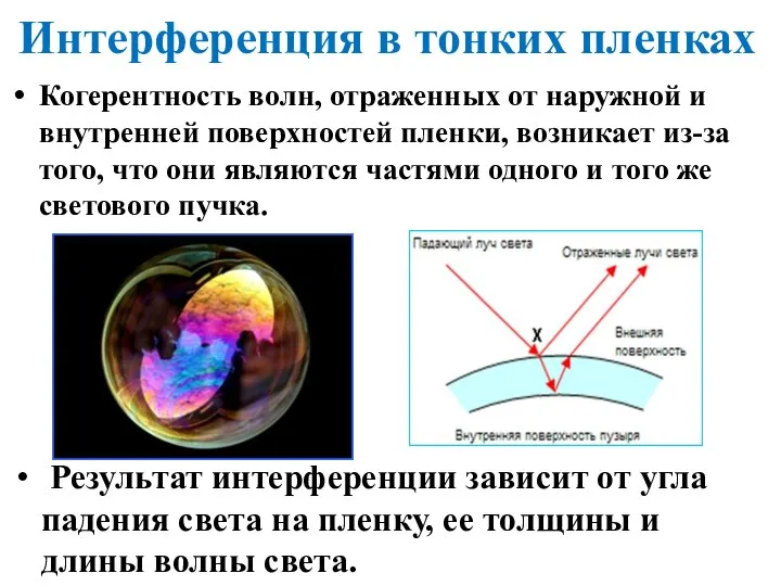 Интерференция в тонких пленках Когерентность волн, отраженных от наружной и внутренней поверхностей