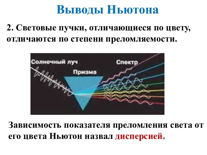 Выводы Ньютона 2. Световые пучки, отличающиеся по цвету, отличаются по степени преломляемости.