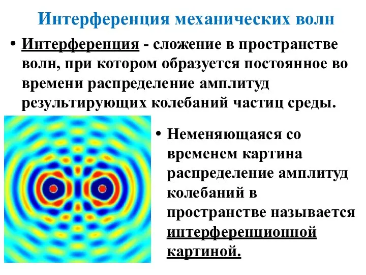 Интерференция механических волн Интерференция - сложение в пространстве волн, при котором образуется