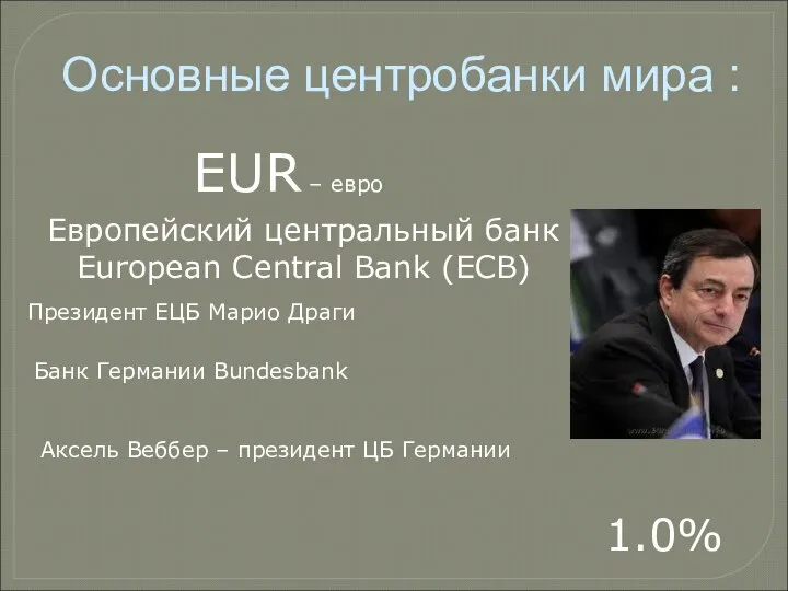 EUR – евро Европейский центральный банк European Central Bank (ECB) Основные центробанки