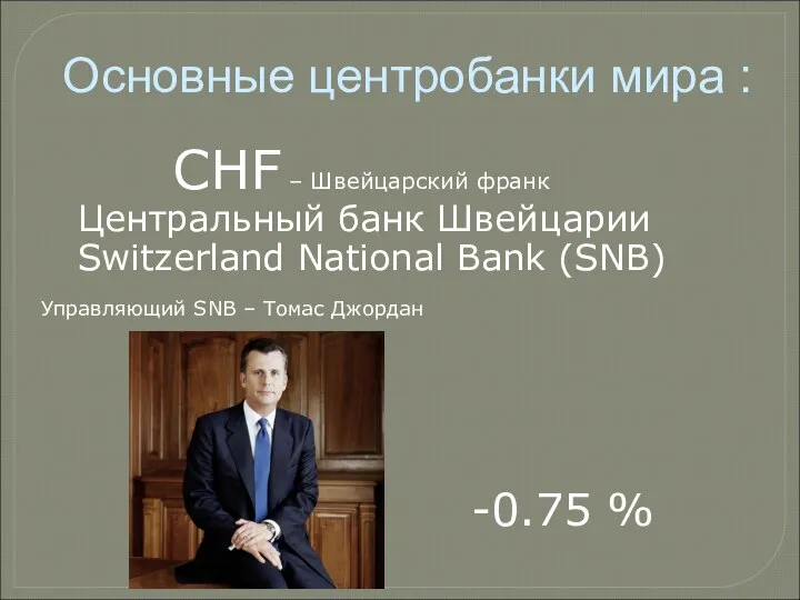 CHF – Швейцарский франк Центральный банк Швейцарии Switzerland National Bank (SNB) Основные