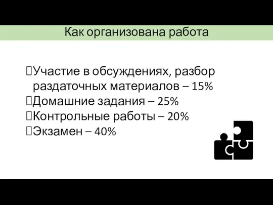 Как организована работа Участие в обсуждениях, разбор раздаточных материалов – 15% Домашние