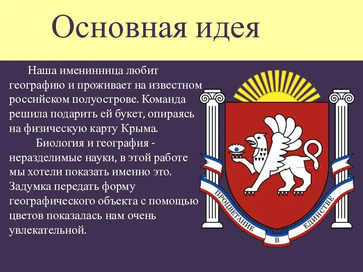 Наша именинница любит географию и проживает на известном российском полуострове. Команда решила