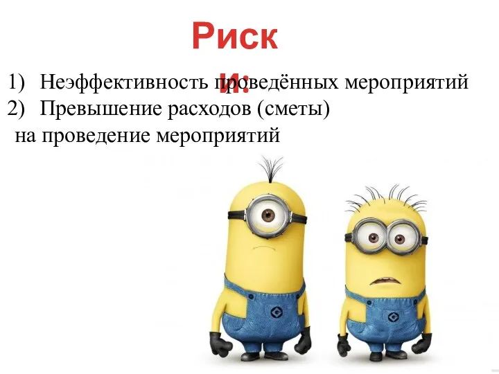 Риски: Неэффективность проведённых мероприятий Превышение расходов (сметы) на проведение мероприятий