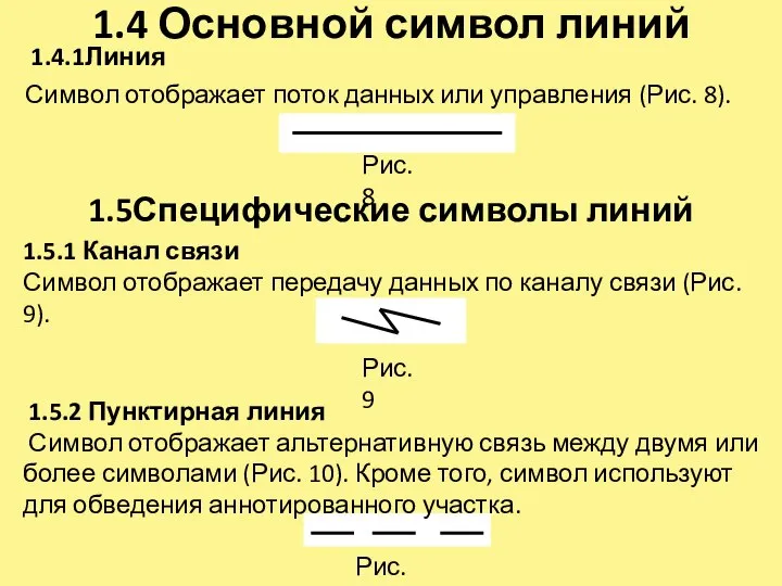 1.4 Основной символ линий 1.4.1Линия Символ отображает поток данных или управления (Рис.