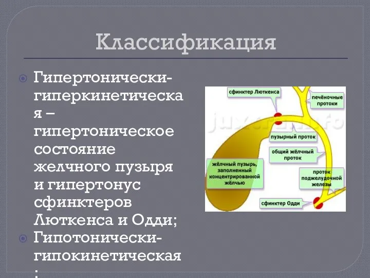 Классификация Гипертонически-гиперкинетическая – гипертоническое состояние желчного пузыря и гипертонус сфинктеров Люткенса и Одди; Гипотонически-гипокинетическая;