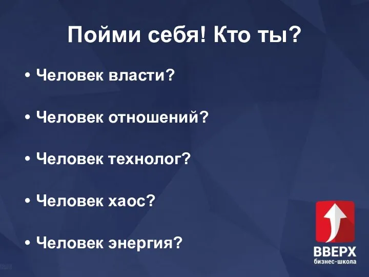 Пойми себя! Кто ты? Человек власти? Человек отношений? Человек технолог? Человек хаос? Человек энергия?