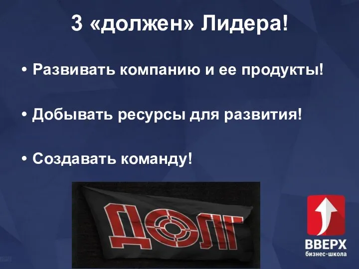 3 «должен» Лидера! Развивать компанию и ее продукты! Добывать ресурсы для развития! Создавать команду!