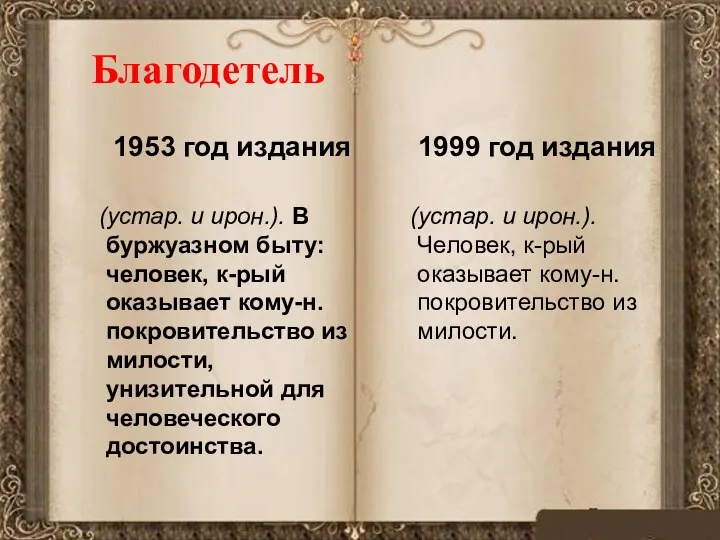 Благодетель 1953 год издания (устар. и ирон.). В буржуазном быту: человек, к-рый