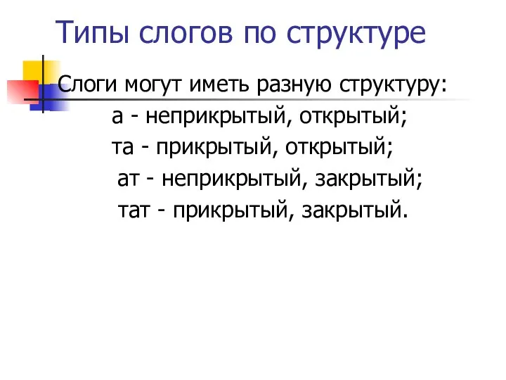 Типы слогов по структуре Слоги могут иметь разную структуру: а - неприкрытый,