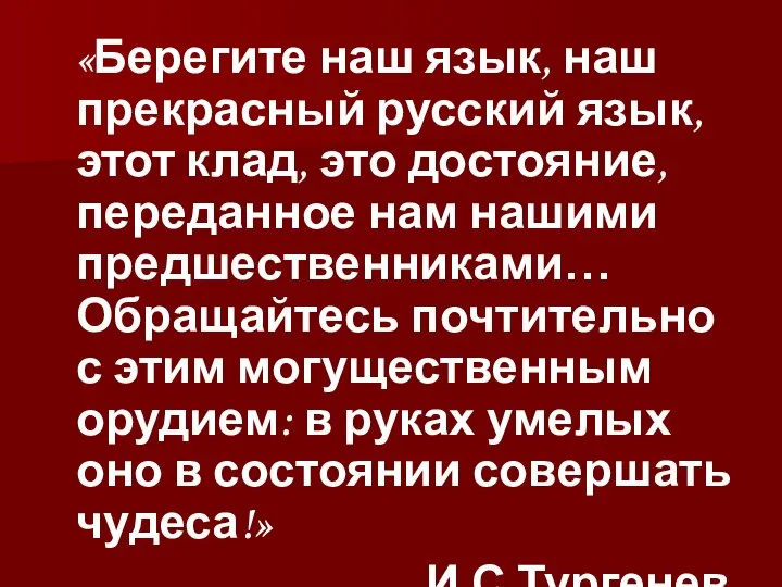 «Берегите наш язык, наш прекрасный русский язык, этот клад, это достояние, переданное