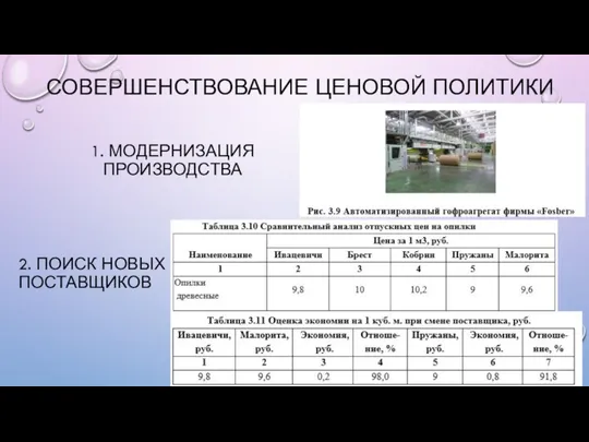 СОВЕРШЕНСТВОВАНИЕ ЦЕНОВОЙ ПОЛИТИКИ 1. МОДЕРНИЗАЦИЯ ПРОИЗВОДСТВА 2. ПОИСК НОВЫХ ПОСТАВЩИКОВ