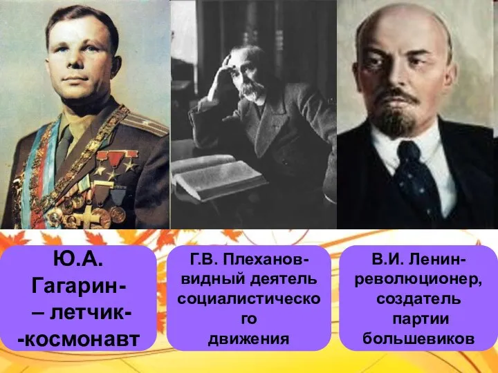 Ю.А. Гагарин- – летчик- -космонавт Г.В. Плеханов- видный деятель социалистического движения В.И.